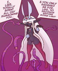 2019 5_fingers absurd_res after_sex breasts clothing consensual_tentacles cum dark_elf dialogue duo elf english_text female hair hi_res humanoid legwear long_hair mostly_nude navel nipples purple_background purple_skin pussy red_eyes simple_background standing stockings tentacle tentacle_monster tentacle_sex text thick_thighs thigh_highs white_hair wizbooty