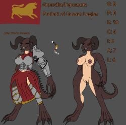 armor brown_scales caesar's_legion claws deathclaw fallout fallout_new_vegas female female_only flag horns naked naked_female original_characters power_armor red_skirt reptile roman_clothing scalie skirt solo standing tail yellow_eyes