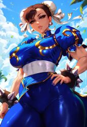 ai_generated cameltoe chun-li covered_nipples hand_on_hip klausherbert looking_at_viewer muscular_female outdoors outside street_fighter street_fighter_v thick_thighs wide_hips