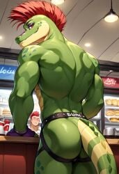 ai_generated anthro anthro_male ass ass_focus back biceps five_nights_at_freddy's five_nights_at_freddy's:_security_breach gay jockstrap jockstrap_only looking_at_viewer looking_back male male_only montgomery_gator_(fnaf) muscular muscular_male red_hair scalie smile toned_body toned_male twall97