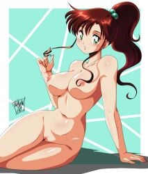 1girls absurd_res alternate_version_available arm_support big_breasts bishoujo_senshi_sailor_moon blush breasts brown_hair completely_nude completely_nude_female danmakuman green_eyes hair_ornament hair_twirling hi_res hourglass_figure long_hair looking_at_viewer makoto_kino navel nipples nude parted_lips playing_with_hair ponytail pussy sailor_jupiter sidelocks signature solo tied_hair uncensored wide_hips