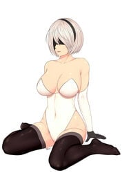 1girls android bare_shoulders blindfold breasts clothing collarbone female female_only gloves hair hairband highleg_leotard kneeling large_breasts leotard navel nier nier:_automata short_hair solo thighhighs tsuki_riven video_games white_hair yorha_2b