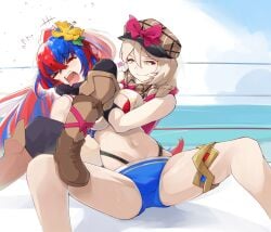2girls alear_(female)_(fire_emblem) alear_(female)_(seaside_dragon)_(fire_emblem) alear_(fire_emblem) bare_shoulders bikini blue_bikini blue_hair boots bow breasts brown_footwear brown_hat defeated feet_out_of_frame female female_only femdom femsub fire_emblem fire_emblem_engage fire_emblem_heroes framme_(fire_emblem) grey_hair hat hat_bow highres jaegan large_breasts long_hair looking_at_another multicolored_hair multiple_girls navel nintendo official_alternate_costume official_alternate_hairstyle open_mouth pink_bow ponytail red_bikini red_hair smile split-color_hair stomach swimsuit thighlet thighs very_long_hair white_bikini wrestling yellow_eyes yuri