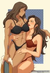 2girls abs asami_sato avatar_legends avatar_the_last_airbender bedroom_eyes black_bra black_hair black_panties blue_eyes blush border bra bra_and_panties breasts brown_hair canon_couple chocolate_and_vanilla cleavage coat commission confident dark-skinned_female dark_skin embrace eye_contact feeling_muscles female fire_nation fit_female green_eyes hair_between_eyes hair_down highres holding holding_clothes holding_clothing holding_coat hug hugging korra light-skinned_female long_hair looking_at_another looking_at_partner love multiple_girls muscular muscular_female nonbender panties red_bra red_lips red_panties romantic romantic_couple sitting sitting_on_lap six_pack the_avatar the_legend_of_korra thighs twitter_username underwear undressing water_tribe white_border wholesome yellow_nicky_(artist) yuri