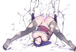 1boy 1girls big_breasts censored censored_penis faceless_male female genshin_impact half_dressed half_naked holding_arms legs_apart legs_spread male mating_press pixelated purple_hair raiden_shogun tagme thigh_highs thighhighs tits_out torn_clothes torn_stockings upside_down vaginal_penetration