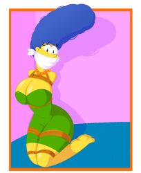 1girls arms_tied_behind_back blue_hair bondage breasts cleavage clothing dress feet female female_only gag green_dress hair_blue human kneeling legs_tied looking_at_viewer marge_simpson necklace solo solo_female tempson the_simpsons yellow_skin