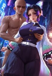 1boy 1girls ai_generated breast_grab demon_slayer demon_slayer_uniform faceless_male female grabbing_from_behind huge_breasts klausherbert kochou_shinobu latino_male looking_at_viewer outdoors outside standing tan-skinned_male thick_thighs wide_hips