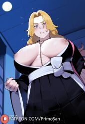 ai_generated bleach blonde_hair blue_eyes breasts_apart breasts_out from_below japanese_clothes kimono large_ass large_breasts matsumoto_rangiku nipples primosan pussy_juice short_kimono standing undressing