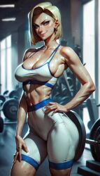 ai_generated android android_18 blonde_hair blonde_hair busty dragon_ball dragon_ball_z gym sweating voluptuous yoga_pants yoga_shorts