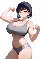 ai_generated asian asian_female athletic_female bare_legs big_breasts black_hair fit fit_female grey_eyes gym_clothes gym_uniform huge_breasts kirigaya_suguha large_breasts light-skinned_female light_skin looking_at_viewer mako_(artist) muscle_pose muscular_female short_hair smiling solo_female squatting sweat sweatdrop sword_art_online thick_thighs thighs voluptuous voluptuous_female