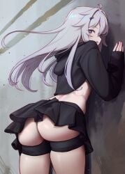 1girls against_wall ass ass_focus clothed long_hair no.21 petite punishing:_gray_raven purple_eyes solo white_hair