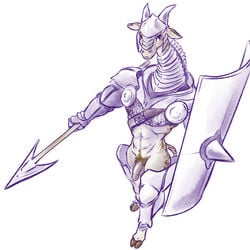 1:1 2019 abs armor clothed clothing giraffe giraffid headgear helmet holding_object holding_weapon hooves male mammal penis shield simple_background standing unimpressive weapon white_background