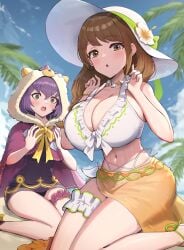 2girls :o abs absurdres adjusting_clothes adjusting_swimsuit alternate_costume beach bernadetta_von_varley bernadetta_von_varley_(summer) bikini black_swimsuit blush braid braided_ponytail breast_envy breasts bridal_garter brown_hair cleavage female female_only fire_emblem fire_emblem:_three_houses fire_emblem_engage fire_emblem_heroes flower flower_hat frilled_bikini frills front-tie_top goldmary_(fire_emblem) goldmary_(summer)_(fire_emblem) gonzarez grey_eyes hair_between_eyes halterneck hands_up hat highres hood huge_breasts large_breasts long_hair looking_at_viewer mole mole_on_breast multiple_girls narrowed_eyes navel nintendo ocean official_alternate_costume one-piece_swimsuit open_mouth purple_hair sarong sitting skindentation sky strap_pull swept_bangs swimsuit thigh_strap thighs white_bikini white_flower white_hat white_swimsuit