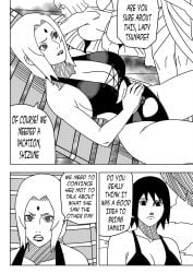 1boy 3girls bare_legs bare_shoulders beach beach_chair big_breasts bikini blunt_bangs blush bob_cut breasts bust busty cleavage comic english_text english_translation hourglass_figure lipstick lying lying_on_stomach makeup mature mature_female mature_woman monochrome multiple_girls naruto naruto:_the_last naruto_(series) naruto_shippuden ninrubio on_stomach one-piece_swimsuit oppai outdoors relaxing samui shizune smile speech_bubble story sunbathing swimsuit talking talking_to_another talking_to_partner teacher_and_student text tied_hair tsunade twintails untied_bikini uzumaki_naruto voluptuous