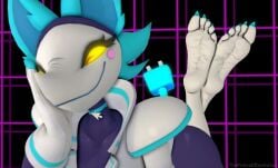 3d barefoot big_breasts big_thighs blue_body blue_toenails breasts deltarune dialogue dominant_female feet feral flip_flops foot_fetish foot_focus fur furry happy happy_female pixiv rope smile soles tasque_manager_(deltarune) thighs tights toenails white_body white_soles yellow_eyes