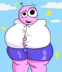 big_breasts black_eyes bulge chubby clothed pim_(smiling_friends) pink_skin round_eyes shorts smiling_friends thick_thighs tight_clothes