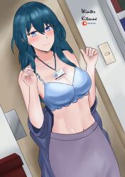 1girls bare_arms bare_midriff bare_shoulders blue_eyes blue_hair bra breasts byleth_(fire_emblem) byleth_(fire_emblem)_(female) cleavage collarbone female female_only fire_emblem fire_emblem:_three_houses id_card indoors large_breasts looking_at_viewer medium_hair midriff navel office office_lady shoulders skirt smile solo winter_kitsune_(wkitsune)