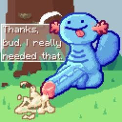 1:1 amphibian armless balls big_penis blue_balls blue_body blue_penis bodily_fluids cilokyne cum cum_on_ground digital_media_(artwork) ejaculation feral fungus generation_2_pokemon genital_fluids genitals grass humanoid_genitalia humanoid_penis male nintendo nude outside penis pixel_(artwork) plant pokemon pokemon_(species) smile smooth_skin solo speech_bubble tail text thanking thick_tail tongue tongue_out tree wooper