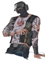 1boy absurdres arm_tattoo bandit_(rainbow_six) bare_pectorals belt cropped_legs denim german_flag_print helmet highres jacket jeans jewelry leaning_back looking_to_the_side male_focus male_only masculine mask mouth_mask navel necklace open_clothes open_jacket pants pectorals rainbow_six_siege si_ming solo sparse_chest_hair tattoo