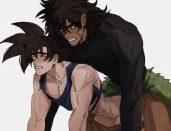 2boys all_fours anal bara biting_own_lip black_eyes black_hair blush broly_(dragon_ball_super) convenient_arm dark-skinned_male dark_skin doggy_style dragon_ball dragon_ball_super dragon_ball_super_broly frisk_(coffezit0s) highres implied_sex male_focus multiple_boys muscular muscular_male pectoral_cleavage pectorals shirt short_hair son_goku spiked_hair sweat t-shirt torogao yaoi