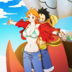 1boy bikini bikini_top_only black_hair blue_sky blush breasts cleavage couple curvy denim female hat jeans large_breasts long_hair male monkey_d_luffy muscular muscular_male nami nami_(one_piece) navel one_piece open_clothes open_shirt orange_hair outstretched_arms pants parody post-timeskip reference scar shampowrado short_hair shorts sky straw_hat thousand_sunny titanic_(1997_film)