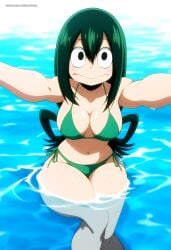 1girl ai_generated asui_tsuyu bathing_suit bikini clothed frog_girl green_hair holding_camera in_water large_breasts my_hero_academia pool poolside selfie sitting sitting_in_water solo solo_female tagme water wide_mouth