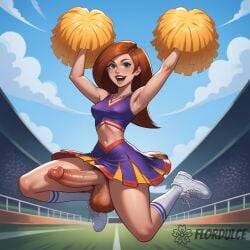 1futa ai_generated armpits ball_hair balls cheerleader cheerleader_uniform erect_penis erection flordulce futa_only futa_sans_pussy futanari green_eyes hairy_testicles happy huge_cock jumping kim_possible kimberly_ann_possible long_hair open_mouth orange_hair outdoors penis pom_poms pubic_hair shoes socks solo_futa testicles