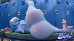 16:9 3d 3d_(artwork) absurd_res anthro anthrofied anus anus_peek ass ass_focus back_view barefoot bent_over big_ass blue_body blue_eyes blue_fur bubble_ass bubble_butt butt_crack character_request curvaceous curvy curvy_figure cutie_mark dat_ass digital_media_(artwork) equid equine eyebrows eyelashes fat_ass feet female female_focus female_only friendship_is_magic fur furry glasses glistening glistening_body hasbro hi_res locker locker_room looking_at_viewer looking_back mammal motion_lines multicolored_hair my_little_pony nude nude_female original_character pegasus plump snuddy solo spread_legs sweat sweatdrop sweaty tagme thick_thighs voluptuous voluptuous_female wide_hips