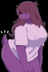 ass baggy_clothing big_ass big_breasts big_butt black_background bottomless brown_hair butt_focus deltarune female female_focus female_only front_view hair_over_eyes hi_res high_resolution long_hair looking_back monster_girl no_panties no_pants no_text purple_body purple_skin scalie scalie_female scalie_humanoid short_tail small_tail snout solo solo_female solo_focus source susie_(deltarune) t-shirt tail textless underchikichan undertale_(series)