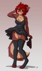 2018 absurd_res anthro blush breasts canid canine canis clothing digitigrade dress female green_eyes grey_background hair hand_behind_head hi_res legwear mammal marianna_white open_mouth pussy red_hair simple_background solo standing stockings synnfultiger underwear wolf