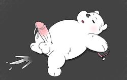 2019 absurd_res anthro balls belly cartoon_network closed_eyes cum erection fur hi_res humanoid_penis ice_bear lying male male_only mammal peachy-pudding penis polar_bear simple_background slightly_chubby solo ursid ursine we_bare_bears white_fur