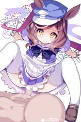 1boy animal_ears bow bowtie brown_hair cabbie_hat censored covered_penetration ears_through_headwear female from_above hat highres horse_ears horse_girl hot_vr looking_at_viewer matikane_tannhauser_(umamusume) mosaic_censoring purple_bow purple_bowtie purple_serafuku purple_skirt sailor_collar school_uniform serafuku sex skirt tracen_school_uniform umamusume