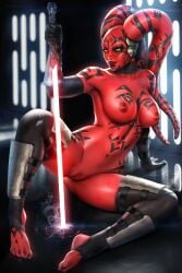 ayyasap body_markings breasts darth_talon holding_weapon lightsaber looking_at_viewer nude pussy red_skin smile star_wars tentacle_hair twi'lek yellow_eyes