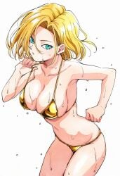 ai_assisted android_18 armpits ass_visible_through_thighs bare_arms bare_belly bare_legs bare_shoulders bare_thighs belly_button big_breasts bikini bikini_top_pull blonde_hair blue_eyes blush breasts cleavage collarbone dragon_ball golden_bikini jei_games open_mouth short_hair sideboob thighs wet_body wet_hair