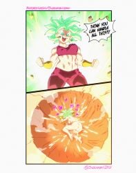 1girls 2024 2koma blue_eyes boasting breasts bukkake chickpea color colored comic destructive_sex dialogue digital_drawing_(artwork) dragon_ball dragon_ball_super earrings female green_hair heart instant_loss instant_loss_2koma kefla legendary_super_saiyan nipples nude nude_female parody straight super_saiyan_2 uncensored yamcha_death_pose