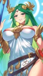 1girl 1girls absurdres ancient_greek_clothes armlet belt breasts chiton dress forehead_jewel greco-roman_clothes green_eyes green_hair halo highres jewelry kid_icarus kid_icarus_uprising large_breasts laurel_crown long_hair looking_at_viewer looking_down nintendo palutena pendant smile solo staff strapless strapless_dress tiara vambraces very_long_hair white_dress yasaikakiage