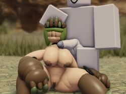 1boy 1boy1girl 1girls 3d ass_visible_through_thighs blush_stickers brown_areola crown dummy_(roblox) golem golem_princess_(princess_and_conquest) goofylookin green_hair hand_on_head imminent_oral large_ass large_breasts large_penis light-skinned_female looking_at_penis medium_areolae nude_female nude_male outside princess_and_conquest public public_nudity roblox robloxian royalty self_upload side_eye sitting stone_wall thick_thighs uncomfortable vagina