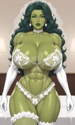 1girls abs ai_generated ass big_ass big_breasts breasts bride bubble_butt female female_only giant_breasts green-skinned_female green_body green_eyes green_hair green_skin huge_breasts hulk_(series) jennifer_walters marvel marvel_comics massive_ass muscular muscular_arms muscular_female she-hulk solo solo_female superheroine thick_thighs wedding_lingerie wide_hips
