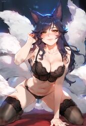 ahri ahri_(league_of_legends) ai-created ai_generated animal_ear_fluff animal_ears animal_tail bangs bare_shoulders black_bra black_clothes black_hair black_legwear black_panties black_thighhighs black_underwear blush bra breasts clavicle cleavage closed_mouth clothing facial_mark female fox_ears fox_girl fox_tail kitsune lace-trimmed_bra lace_trim large_breasts league_of_legends legwear lingerie lips long_hair looking_at_viewer multiple_tails navel pantsu smile solo sweat tail thighhighs thighs underwear underwear_only whisker_markings yellow_eyes