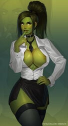 1girls abs areolae artist_name big_breasts breasts business_suit business_woman choker cleavage clothing dark_hair female female_only green_eyes green_hair green_skin hair hourglass_figure huge_breasts hulk_(series) large_breasts long_hair looking_at_viewer marvel marvel_comics mikiron miniskirt necktie_between_breasts no_bra office_lady open_clothes open_shirt patreon ponytail secretary seductive seductive_smile she-hulk shirt short_skirt skirt smile smiling solo solo_female standing stockings thick_thighs thighhighs tie tied_hair uncensored url wide_hips