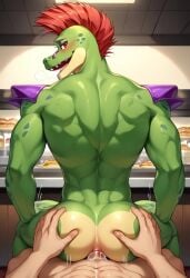 ai_generated anthro anthro_male anthro_penetrated ass back biceps blush erection five_nights_at_freddy's five_nights_at_freddy's:_security_breach gay looking_back male male/male male_only montgomery_gator_(fnaf) muscular muscular_male nude_male penetration penis penis_in_ass red_hair scalie smile toned_body toned_male twall97