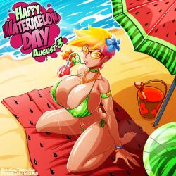beach big_breasts bikini blm glasses kogeikun nahia_(kogeikun) short_hair thick_thighs watermelon_bikini watermelon_day