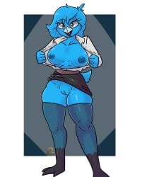 absurd_res anthro avian blue_body blue_feathers blue_nipples bottomwear breasts chirper clothing feathers female footwear genitals grey_eyes hi_res legwear nipples nude office_lady omegamax pussy redraw skirt socks solo stockings thigh_highs thigh_socks