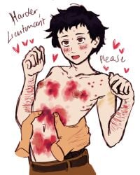 begging begging_for_more bruise bruised bruises disembodied_hand fear_and_hunger fear_and_hunger:_termina floating_heart impact injury large_areolae levi_(fear_and_hunger) male_only masochism offscreen_character offscreen_male self_harm self_harm_scars soldieryaoi solo_focus solo_male