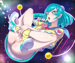 anus blue_eyes blue_gloves blue_hair censored clothing crossed_legs female fingerless_gloves full_body gloves hagoromo_lala hounyouin jewelry mosaic_censoring no_panties open_mouth peeing pendant pointy_ears precure pretty_cure pussy shoes short_hair single_glove solo star star-shaped_pupils star_twinkle_precure symbol-shaped_pupils