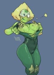 blattarieva breasts female gem_(species) licking_lips nipple_piercing nipple_rings peridot_(steven_universe) piercing steven_universe sweat sweatdrop sweaty tearing_clothes torn_clothes