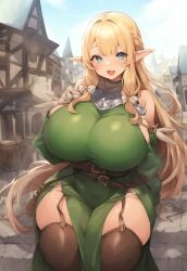 1girls ai_generated big_breasts big_breasts blonde_hair blue_eyes blush breasts breasts clothed clothed_female clothing elf elf_ears elf_female eyelashes fantasy female female_only front_view huge_breasts large_breasts legwear light-skinned_female light_skin looking_at_viewer novelai sitting solo solo_female thick_thighs thighs tight_clothing tight_fit town voluptuous voluptuous_female