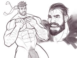 abs balls bandana bara beard biceps capcom flaccid hairy_chest male male_only monochrome muscular_male nude pecs penis ryu_(street_fighter) skayous solo solo_male street_fighter street_fighter_6