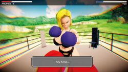 1boy 1girls 3d 3d_(artwork) android_18 big_breasts big_thighs black_bra black_garter_belt black_garter_straps black_lingerie black_panties blonde_hair blue_boxing_gloves blue_eyes blue_gloves boxing boxing_gloves boxing_match boxing_ring bra breasts cleavage curvy dragon dragon_ball_z english english_text female female_focus fighting_ring garter_belt garter_straps gloves health_bar huge_breasts large_breasts light-skinned_female light_skin lingerie male_pov milf mixed_boxing outdoors panties pov pov_boxing red_boxing_gloves red_gloves short_hair text text_box thighs ultimabox vs wide_hips