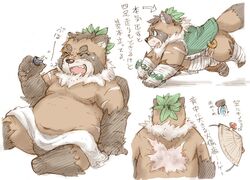 2017 anthro balls belly blue_eyes brown_fur canid canine closed_eyes clothing fur hat headgear headwear humanoid_hands male male_only mammal moobs navel nipples overweight overweight_male raccoon_dog roostax_wilddog sitting solo tanuki towel